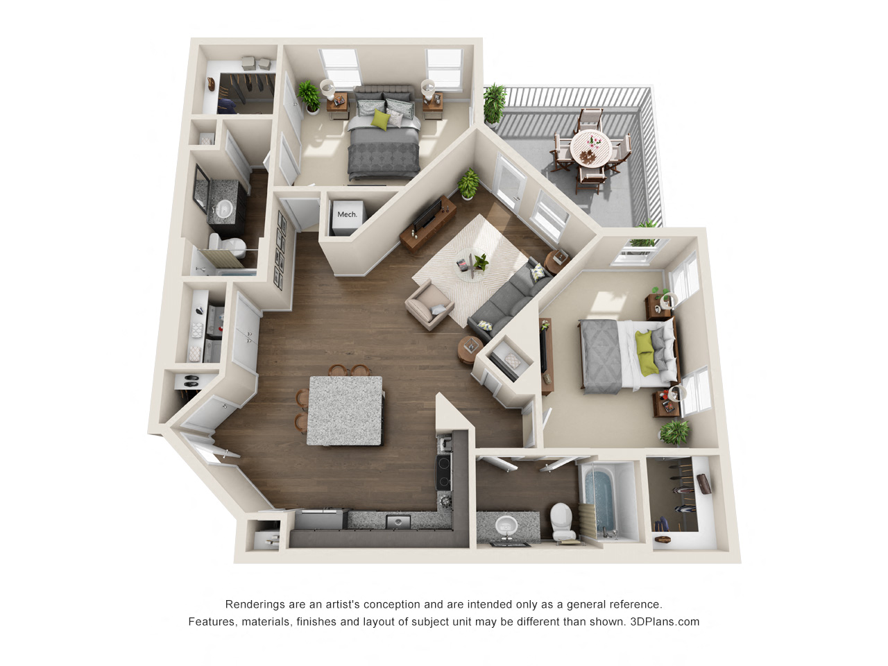Floor plan for 2 beds, 2 baths, 1132 sqft